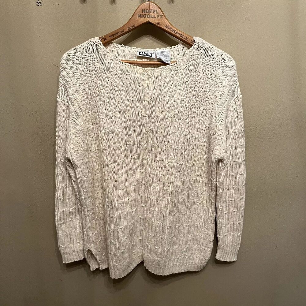 Capacity Vintage Ivory Cable Knit Sweater Petite L Beaded Floral Grandmacore